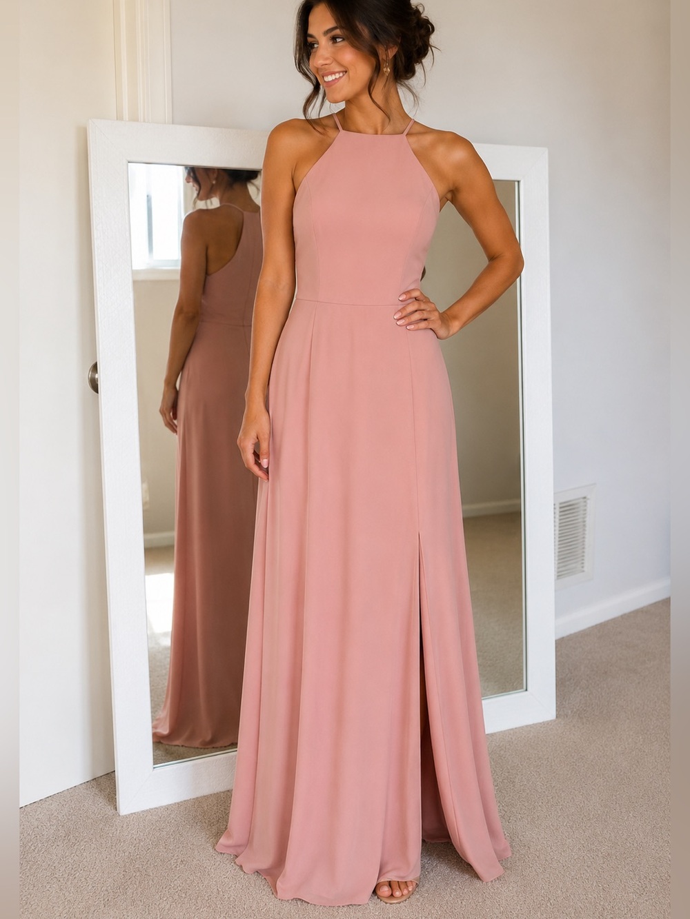 JJs House Dusty Rose A-line Halter High-neck Chiffon Dress